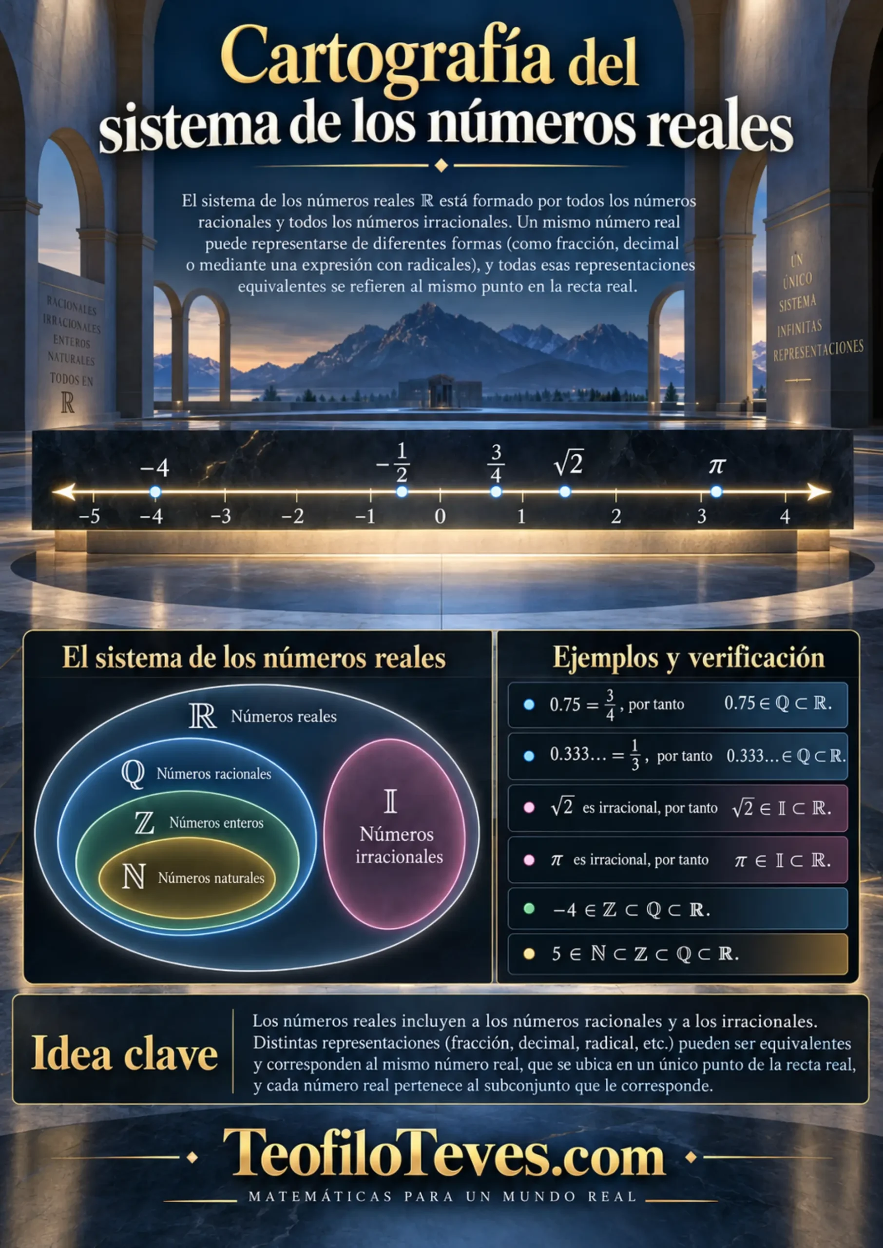 Cartografía del sistema de números reales. Infografías de Matemáticas Precálculo Imágenes Láminas de Matemáticas.