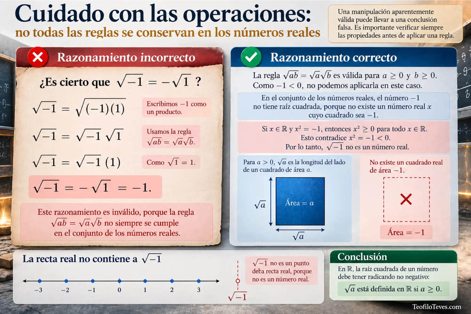 Infografía Raíces cuadradas y falacias reales. Infografías de Matemáticas Precálculo Imágenes Láminas de Matemáticas.