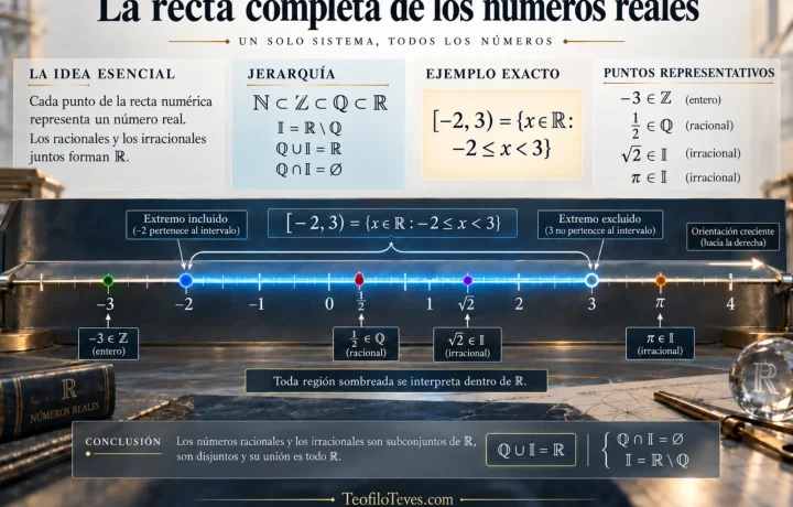 La recta completa de los números reales racionales, irracionales e intervalos