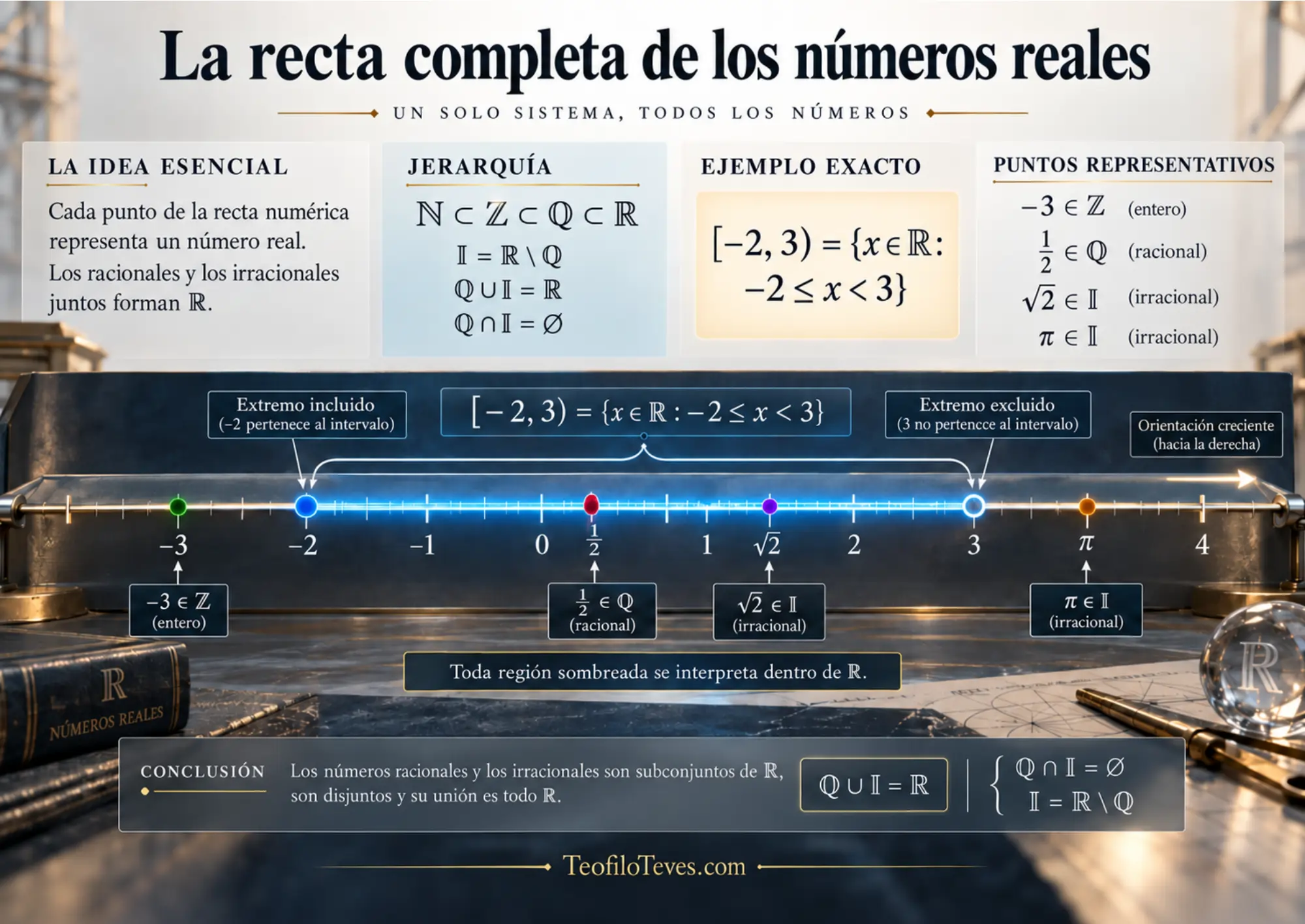 La recta completa de los números reales racionales, irracionales e intervalos