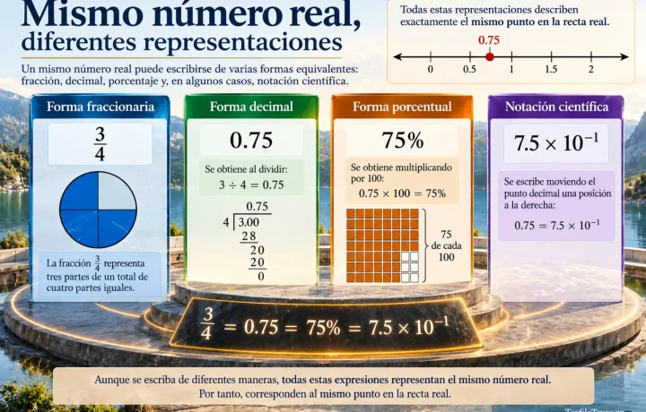 Representaciones equivalentes de un número real. Infografías de Matemáticas Precálculo Imágenes Láminas de Matemáticas.