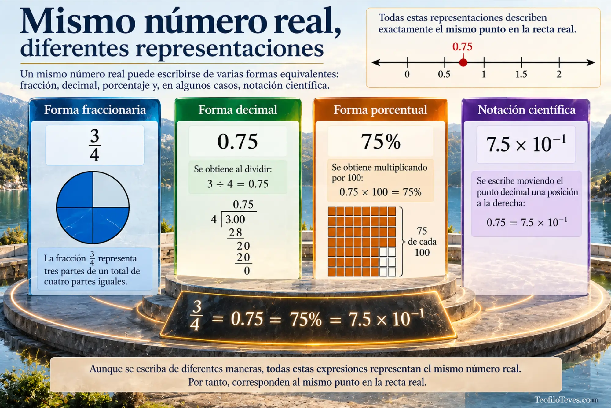 Representaciones equivalentes de un número real. Infografías de Matemáticas Precálculo Imágenes Láminas de Matemáticas.